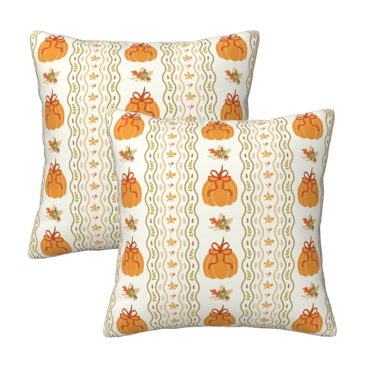 Set of two fall velvet pillow covers with pumpkins and scalloped stripes