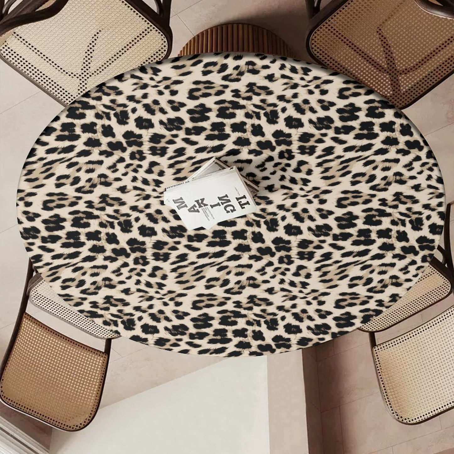 Leopard Print Tablecloth with Elastic Edge - Round & Oval Sizes Available