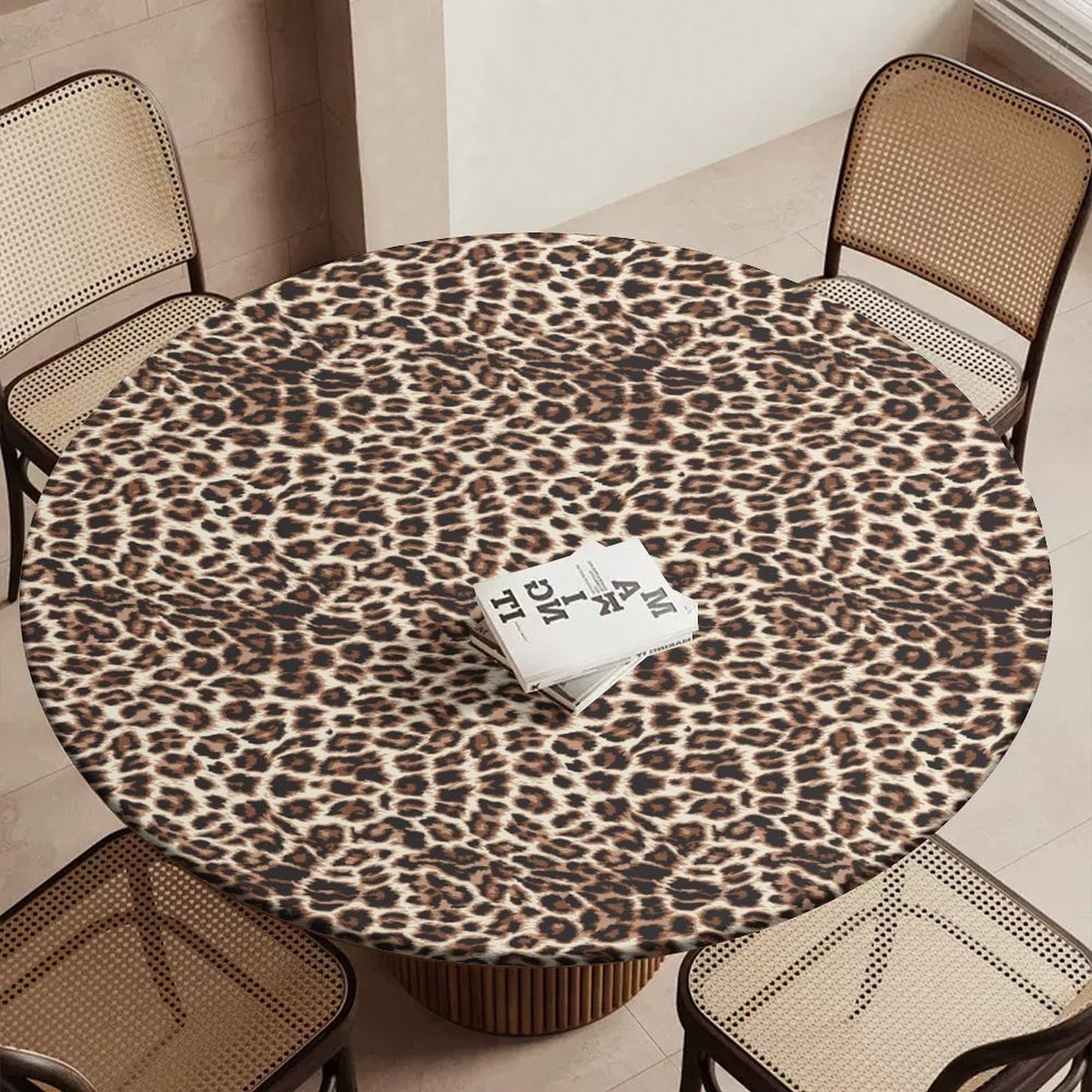 Leopard Print Tablecloth with Elastic Edge - Round & Oval Sizes Available