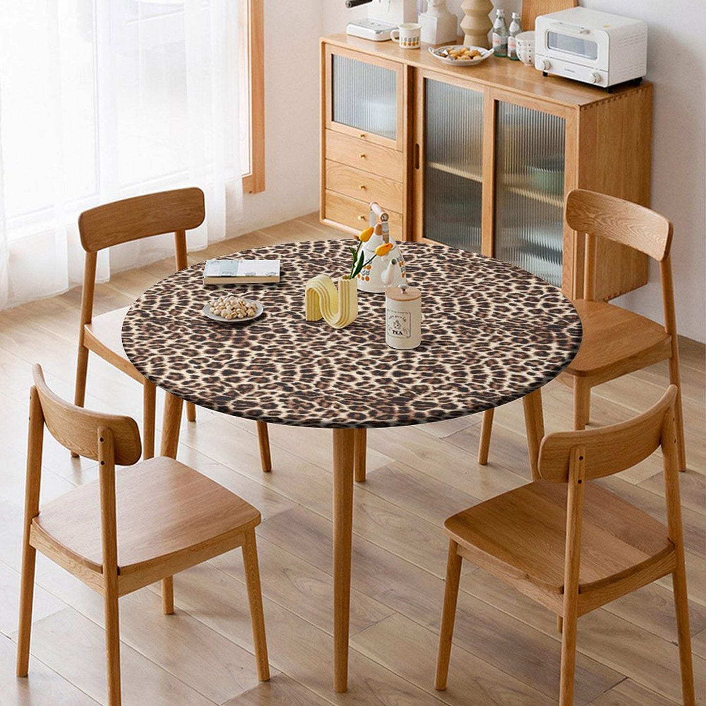 Leopard Print Tablecloth with Elastic Edge - Round & Oval Sizes Available