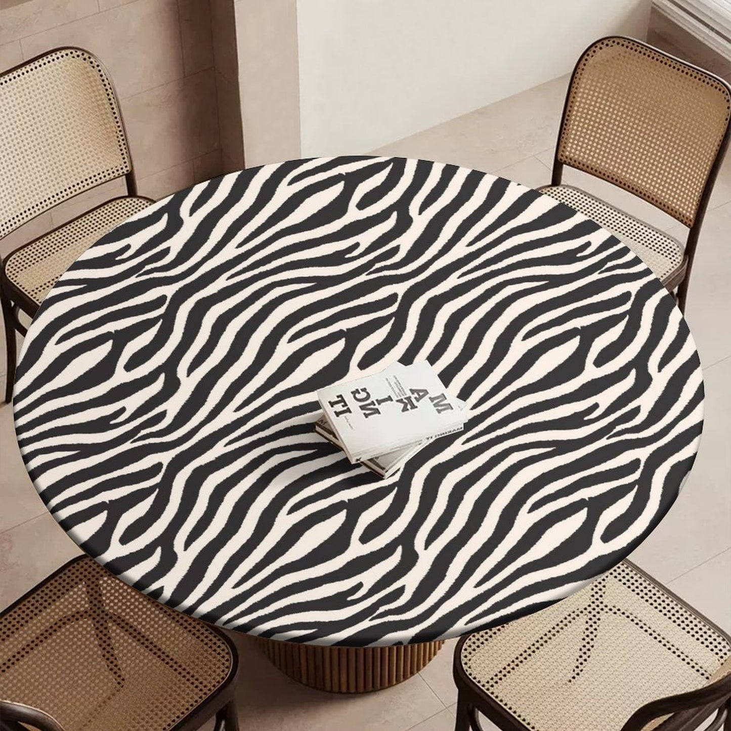 Elastic Edge Zebra Print Tablecloth - Waterproof & Fits Round & Oval Tables