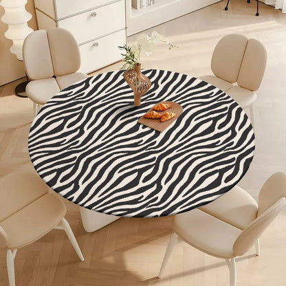 Elastic Edge Zebra Print Tablecloth - Waterproof & Fits Round & Oval Tables