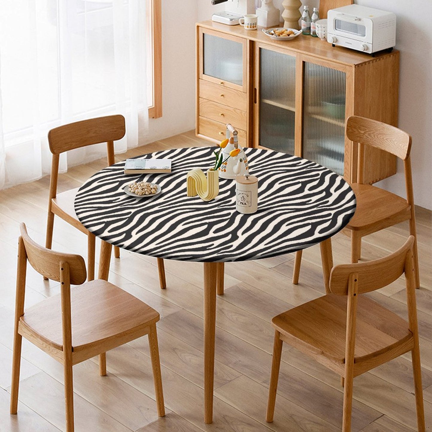 Elastic Edge Zebra Print Tablecloth - Waterproof & Fits Round & Oval Tables