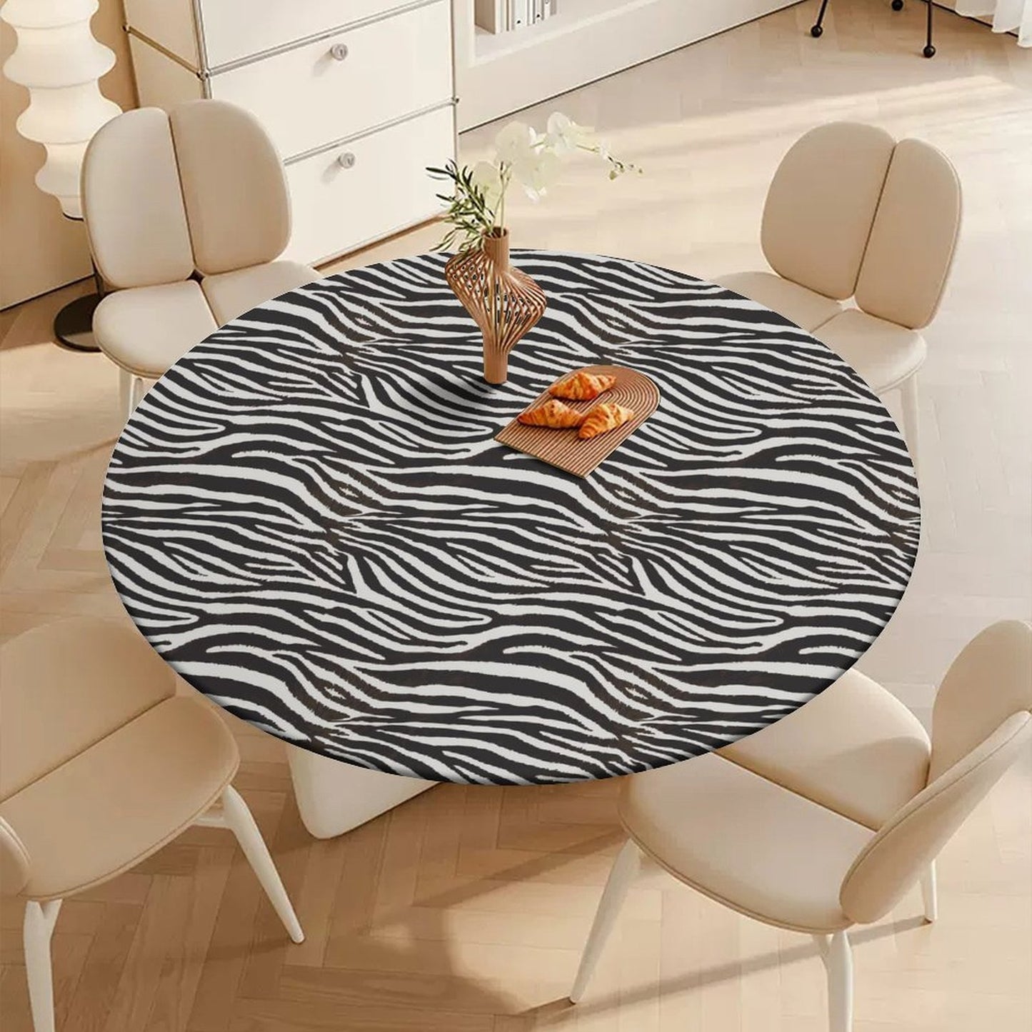 Elastic Edge Zebra Print Tablecloth - Waterproof & Fits Round & Oval Tables