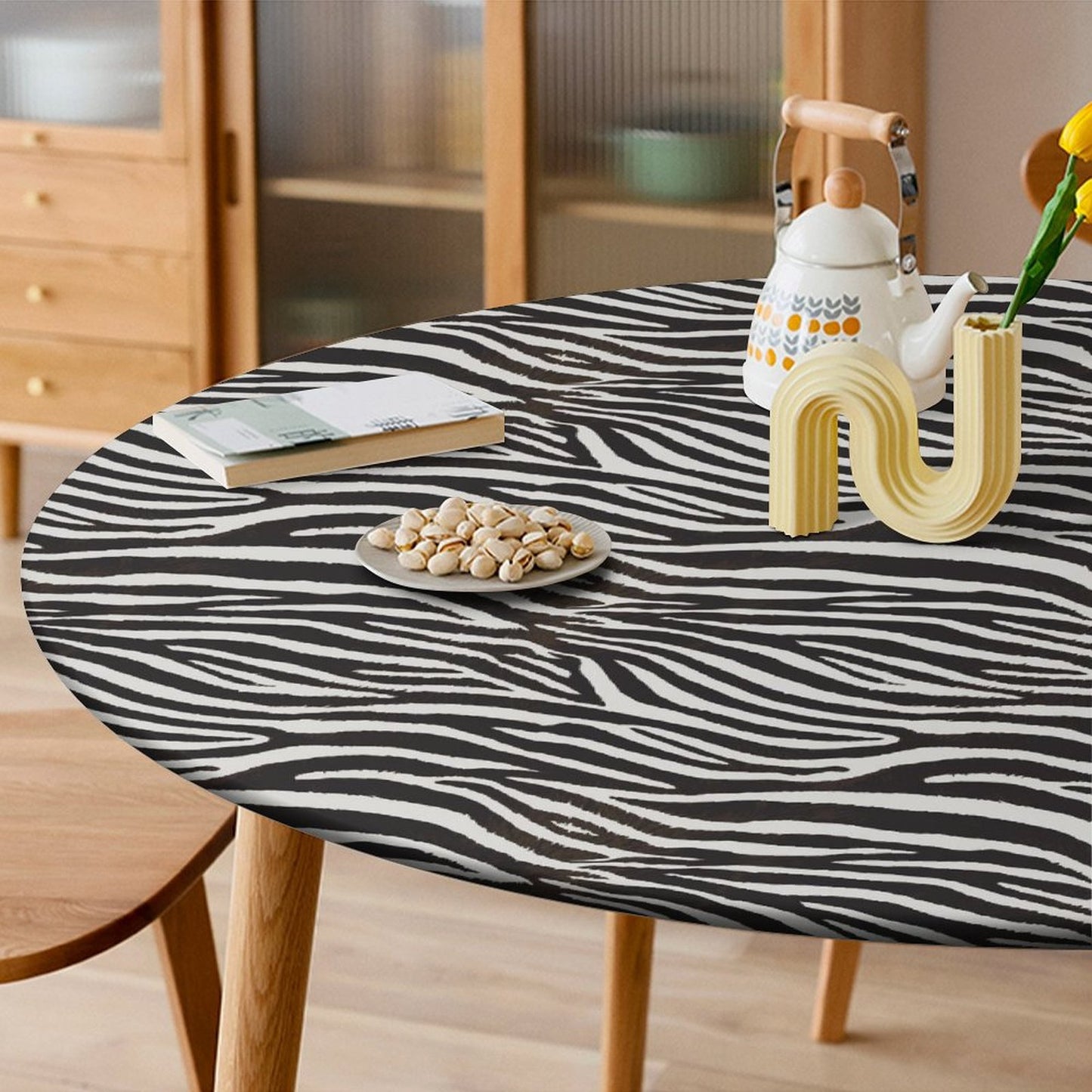 Elastic Edge Zebra Print Tablecloth - Waterproof & Fits Round & Oval Tables