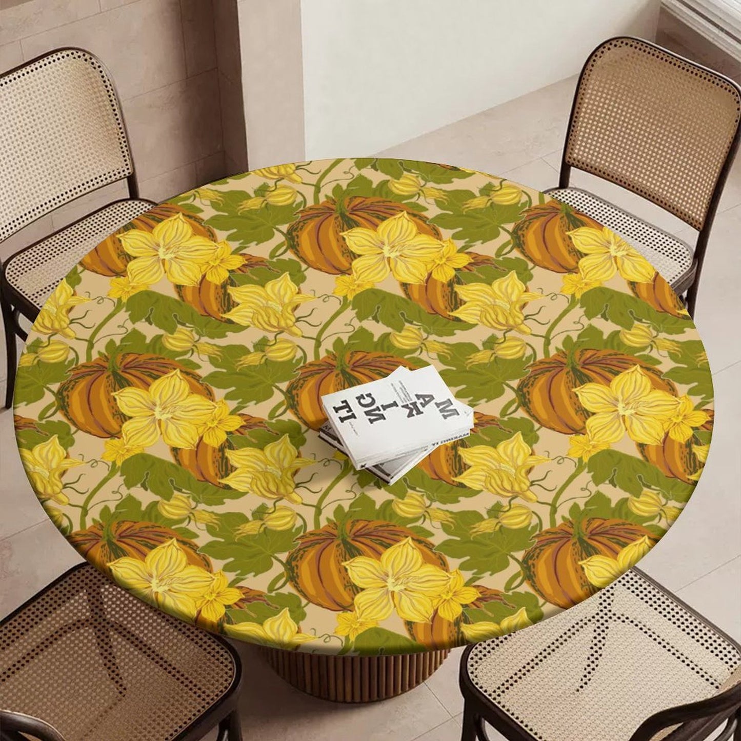 Fall Waterproof Tablecloth (Pumpkin / Orange Plaid) -  Elastic Edge Table Cover for Round & Oval Thanksgiving Dining