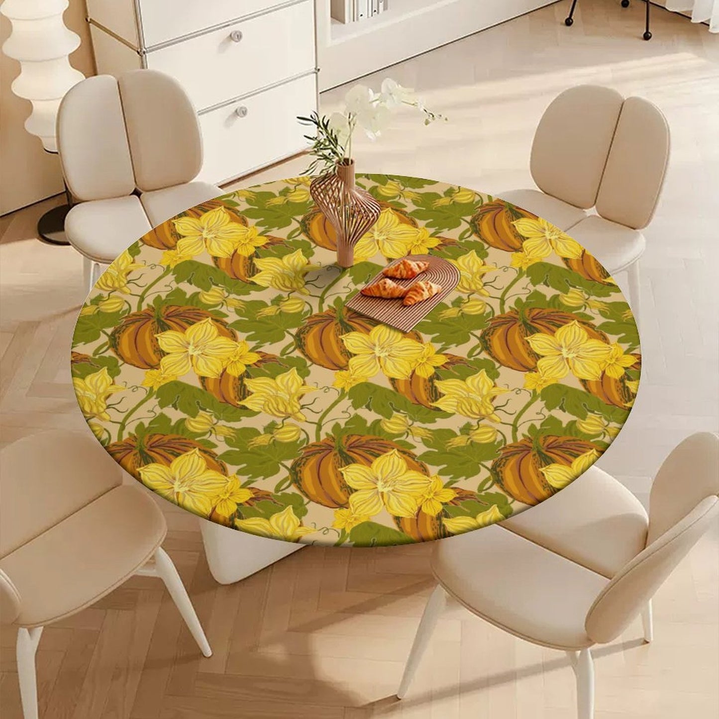 Fall Waterproof Tablecloth (Pumpkin / Orange Plaid) -  Elastic Edge Table Cover for Round & Oval Thanksgiving Dining