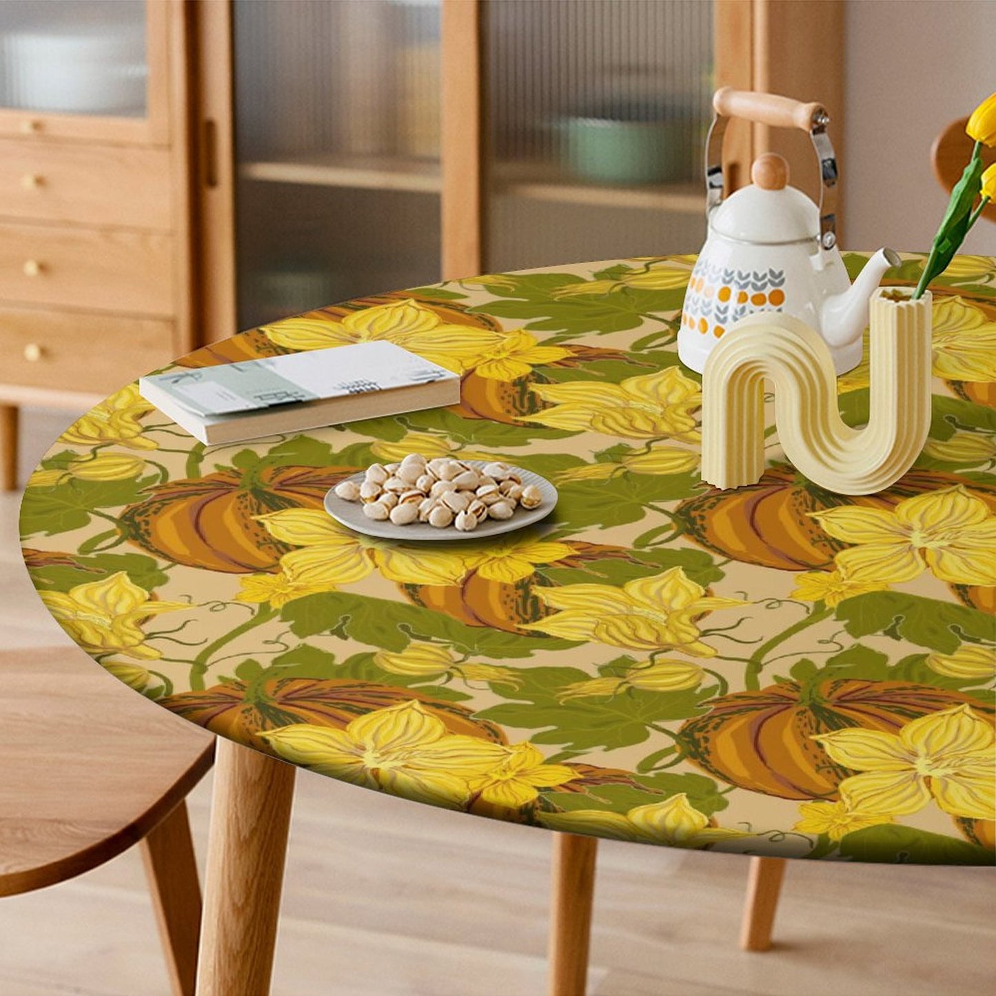Fall Waterproof Tablecloth (Pumpkin / Orange Plaid) -  Elastic Edge Table Cover for Round & Oval Thanksgiving Dining
