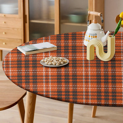 Fall Waterproof Tablecloth (Pumpkin / Orange Plaid) -  Elastic Edge Table Cover for Round & Oval Thanksgiving Dining