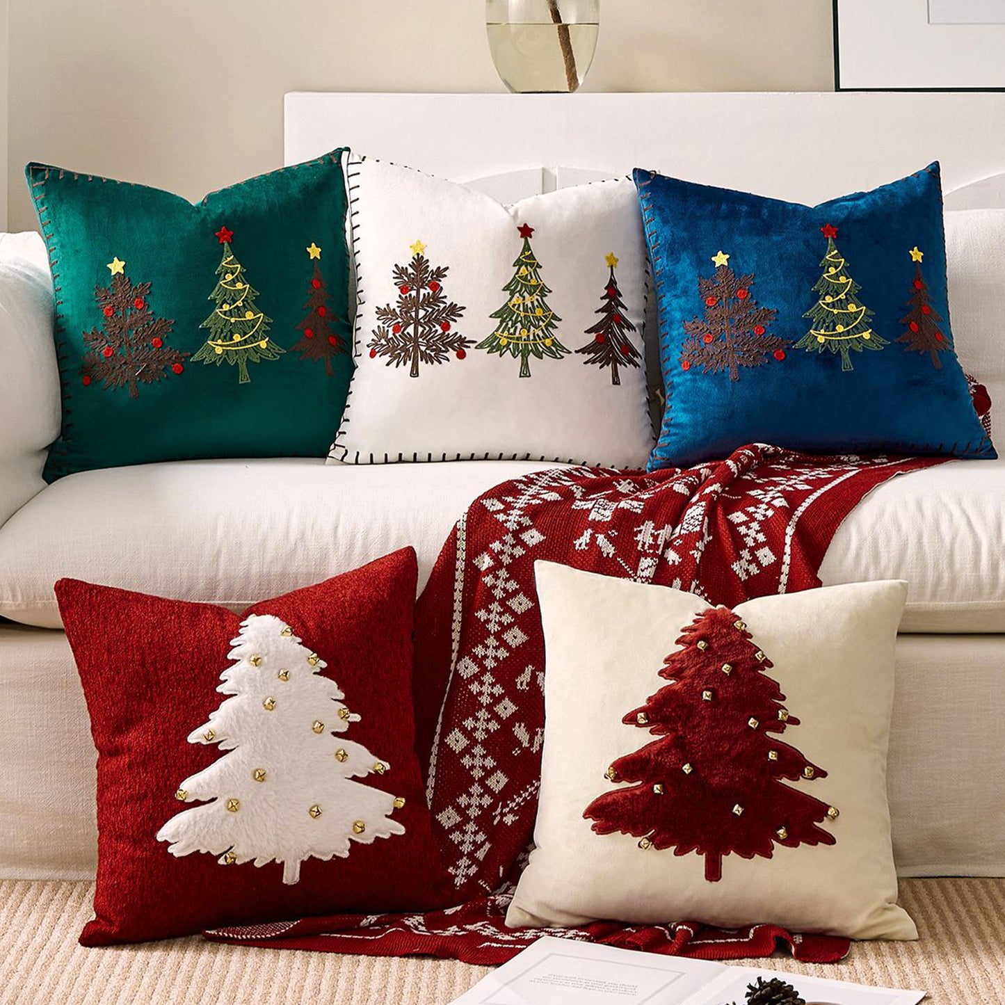 Christmas Throw Pillow Covers 18x18 inch Set of 2 Embroidered Christmas Tree Velvet Cushion Covers for Holiday Decor