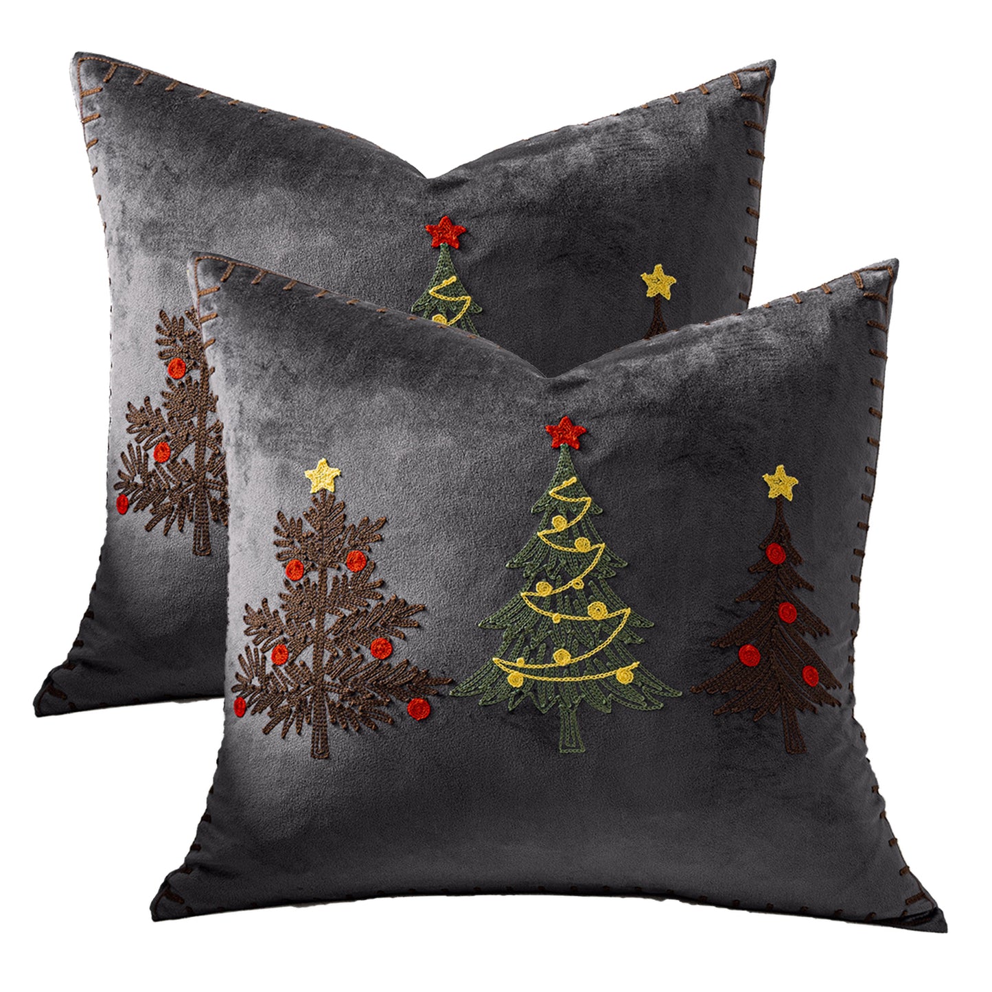 Christmas Throw Pillow Covers 18x18 inch Set of 2 Embroidered Christmas Tree Velvet Cushion Covers for Holiday Decor