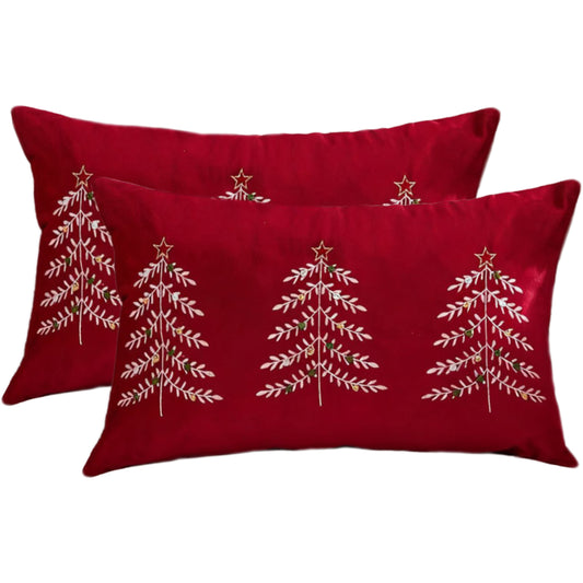 Christmas Tree Lumbar Pillow Covers 12x20 inch Set of 2 Xmas Embroidery Velvet Decorative Cushion Covers