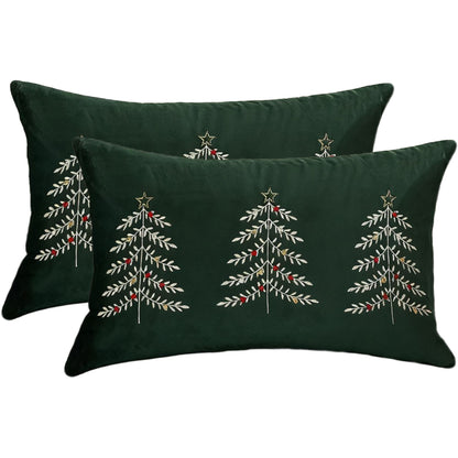 Christmas Tree Lumbar Pillow Covers 12x20 inch Set of 2 Xmas Embroidery Velvet Decorative Cushion Covers