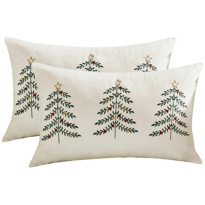 Christmas Tree Lumbar Pillow Covers 12x20 inch Set of 2 Xmas Embroidery Velvet Decorative Cushion Covers