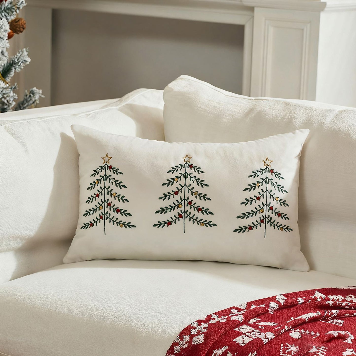Christmas Tree Lumbar Pillow Covers 12x20 inch Set of 2 Xmas Embroidery Velvet Decorative Cushion Covers