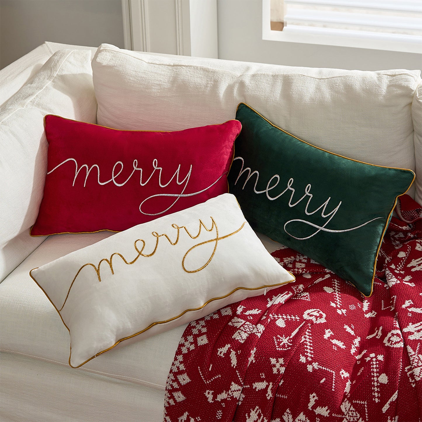 Christmas Tree Lumbar Pillow Covers 12x20 inch Set of 2 Xmas Embroidery Velvet Decorative Cushion Covers