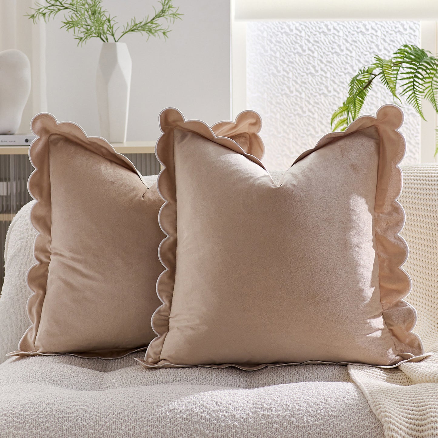 Scalloped Pillow Cover 18x18 Inch Set of 2 Velvet Bohemian Decorative Cushion Covers for Home Decor