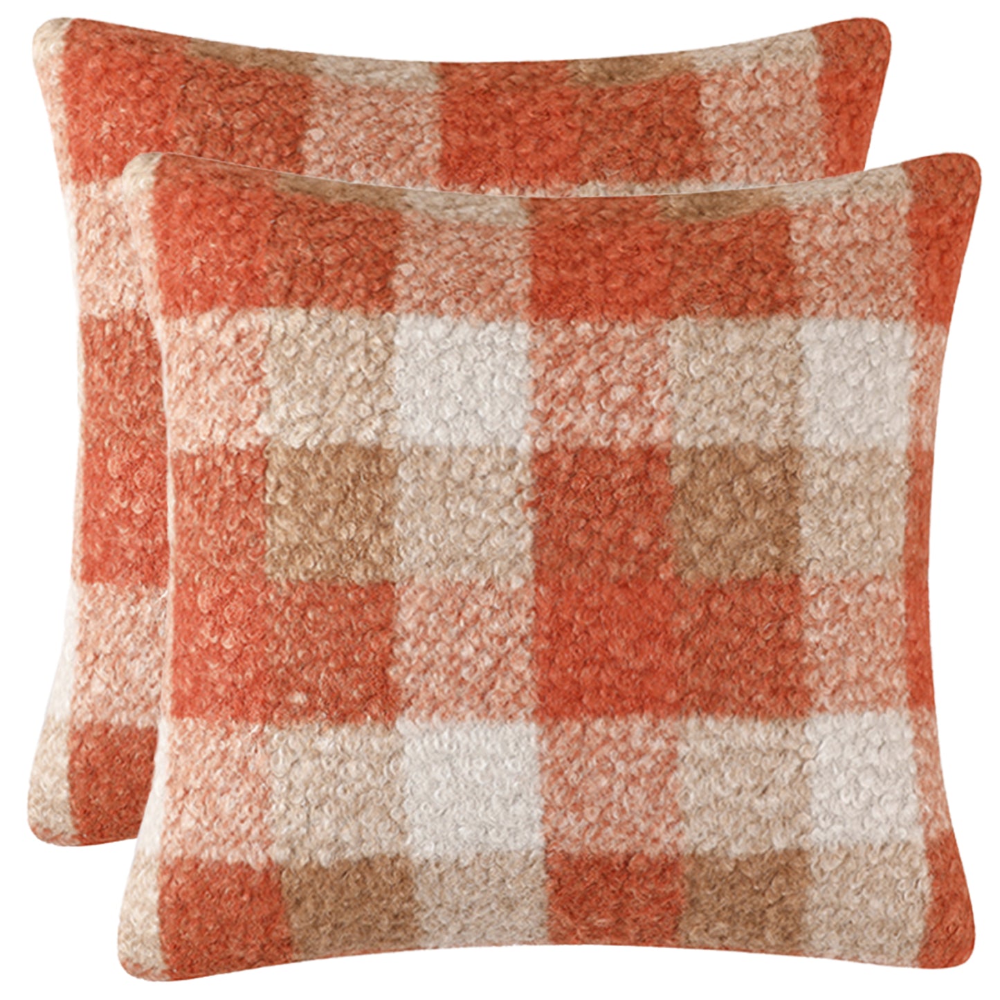 Orange Plaid Throw Pillow Covers Fall Fluffy Boucle Farmhouse Decorative Cushion Covers