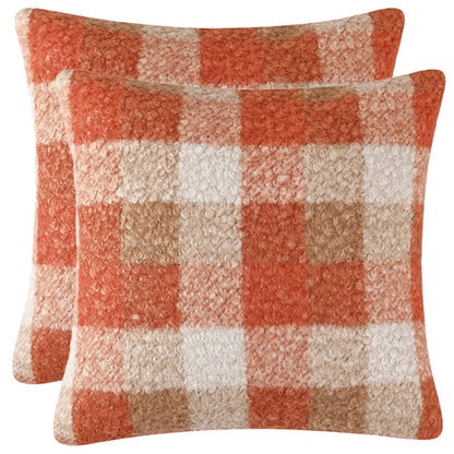 Orange Plaid Throw Pillow Covers Fall Fluffy Boucle Farmhouse Decorative Cushion Covers