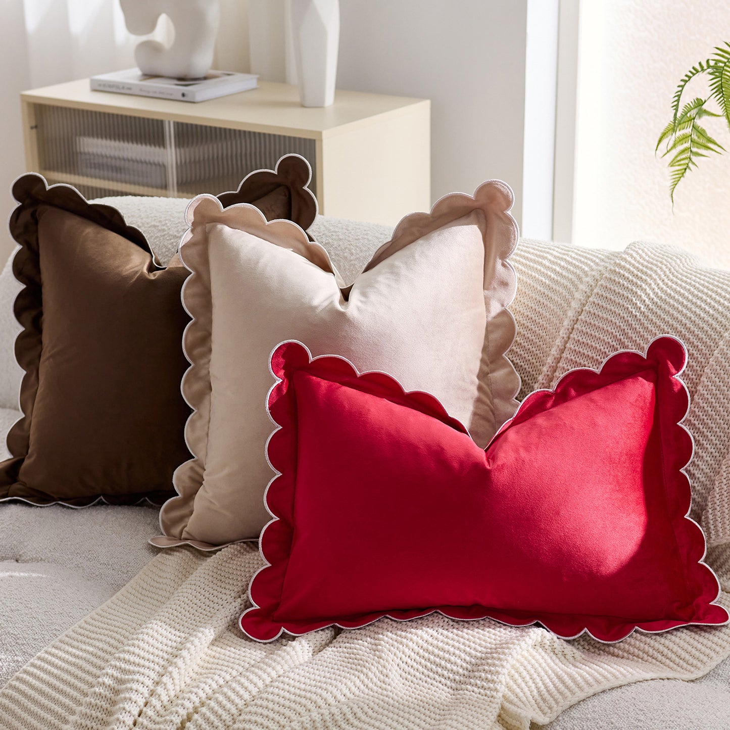 Scalloped Pillow Cover 18x18 Inch Set of 2 Velvet Bohemian Decorative Cushion Covers for Home Decor