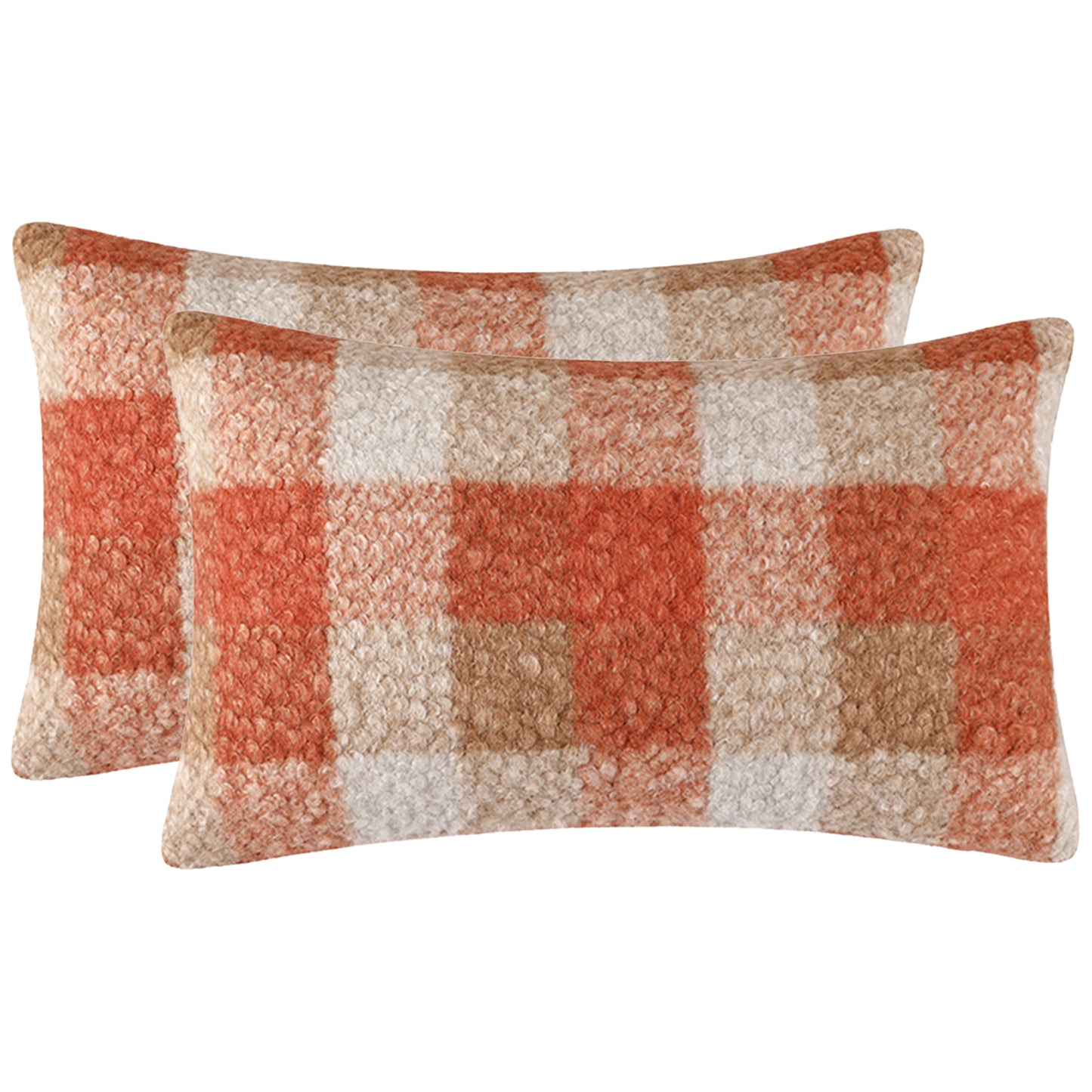 Orange Plaid Throw Pillow Covers Fall Fluffy Boucle Farmhouse Decorative Cushion Covers