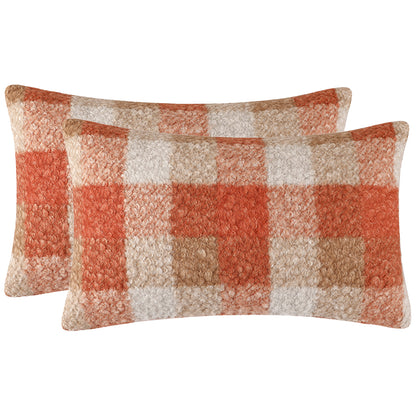 Orange Plaid Throw Pillow Covers Fall Fluffy Boucle Farmhouse Decorative Cushion Covers