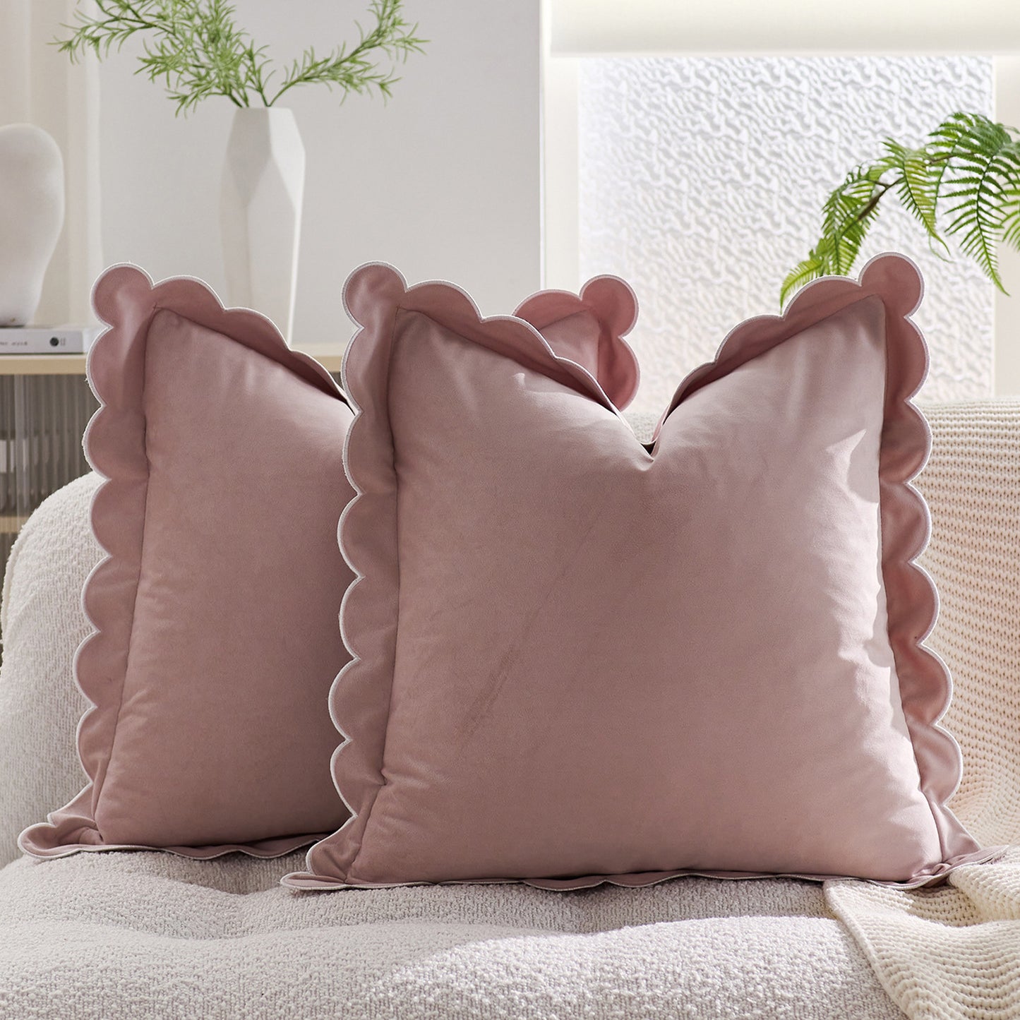 Scalloped Pillow Cover 18x18 Inch Set of 2 Velvet Bohemian Decorative Cushion Covers for Home Decor