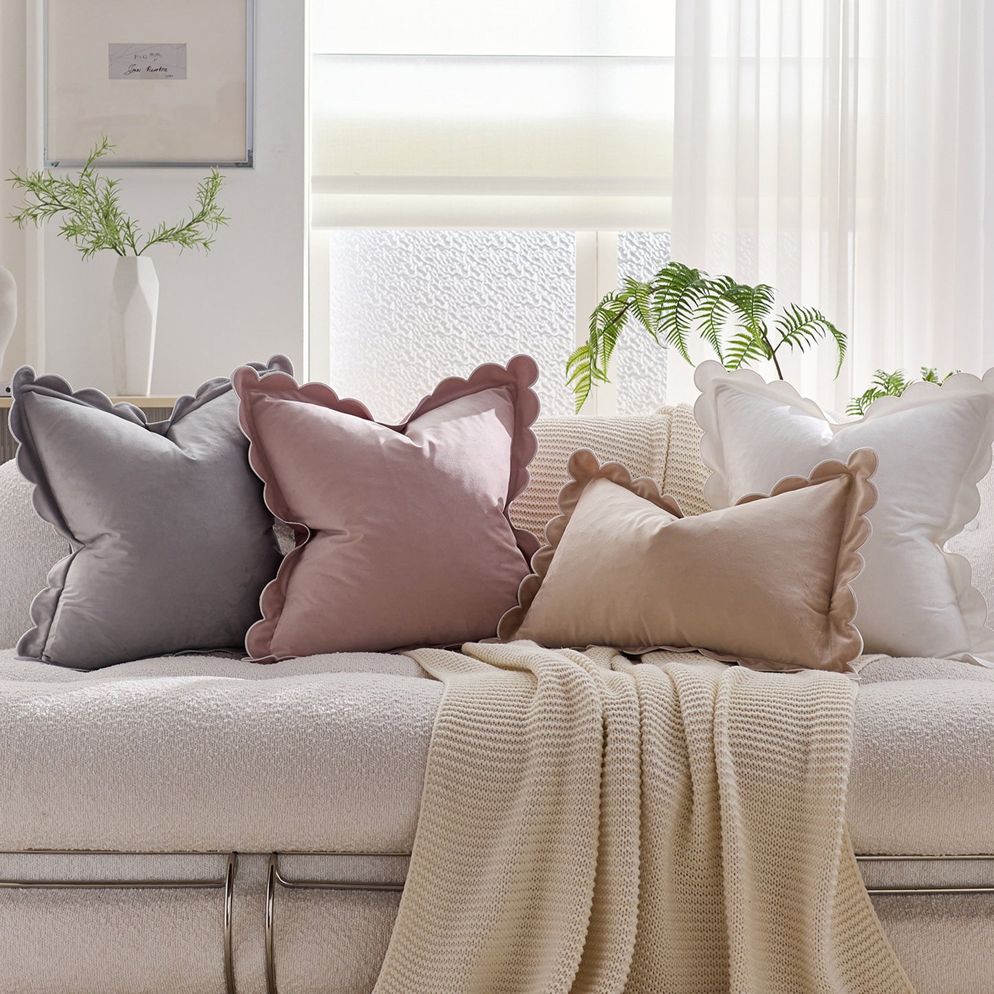 Scalloped Pillow Cover 18x18 Inch Set of 2 Velvet Bohemian Decorative Cushion Covers for Home Decor