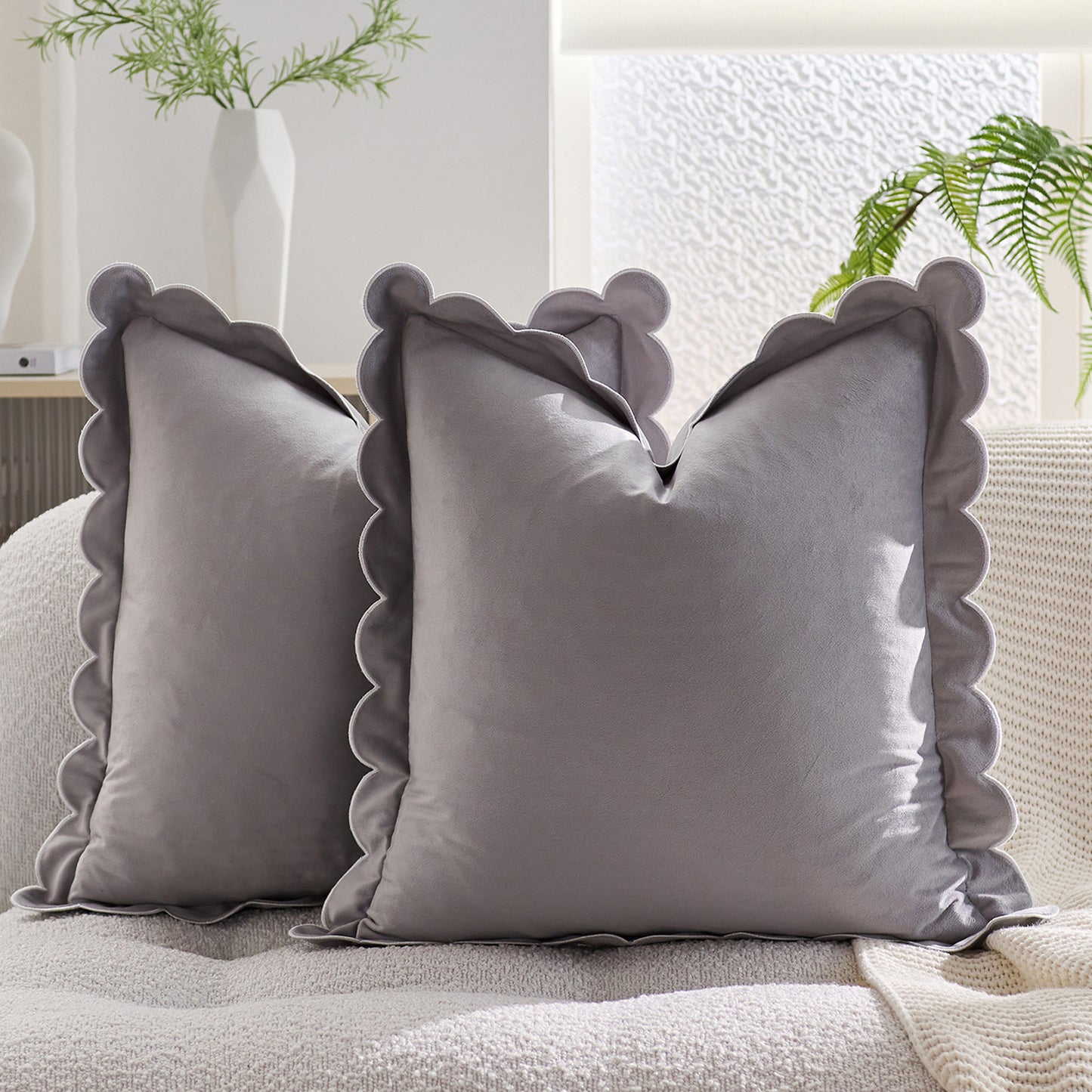 Scalloped Pillow Cover 18x18 Inch Set of 2 Velvet Bohemian Decorative Cushion Covers for Home Decor