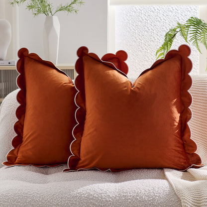 Scalloped Pillow Cover 18x18 Inch Set of 2 Velvet Bohemian Decorative Cushion Covers for Home Decor