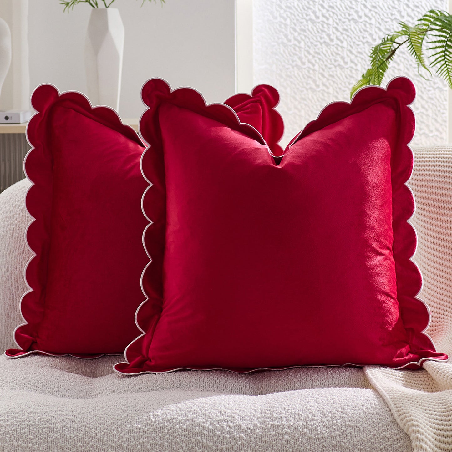 Scalloped Pillow Cover 18x18 Inch Set of 2 Velvet Bohemian Decorative Cushion Covers for Home Decor