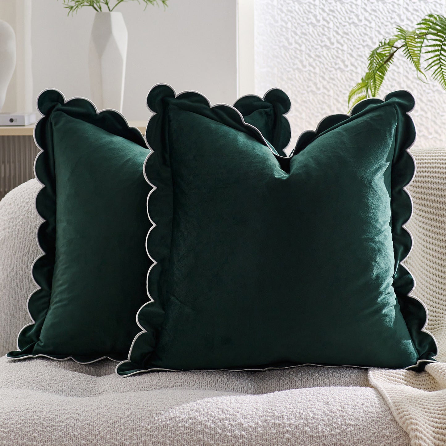 Scalloped Pillow Cover 18x18 Inch Set of 2 Velvet Bohemian Decorative Cushion Covers for Home Decor