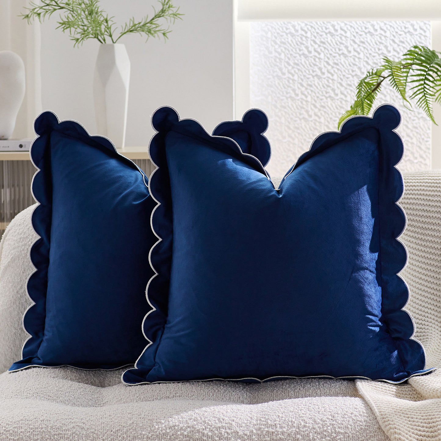 Scalloped Pillow Cover 18x18 Inch Set of 2 Velvet Bohemian Decorative Cushion Covers for Home Decor