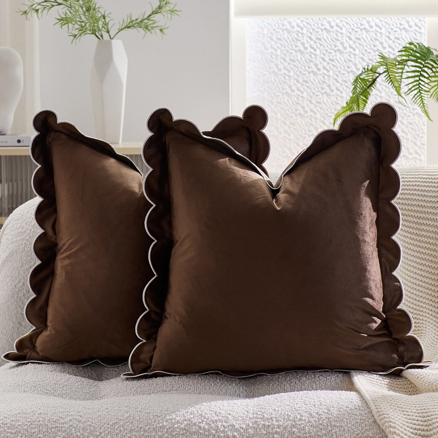 Scalloped Pillow Cover 18x18 Inch Set of 2 Velvet Bohemian Decorative Cushion Covers for Home Decor