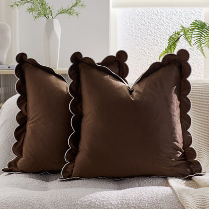 Scalloped Pillow Cover 18x18 Inch Set of 2 Velvet Bohemian Decorative Cushion Covers for Home Decor