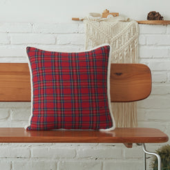 Red tartan woven cotton-polyester blend square pillow cover styled on a bed