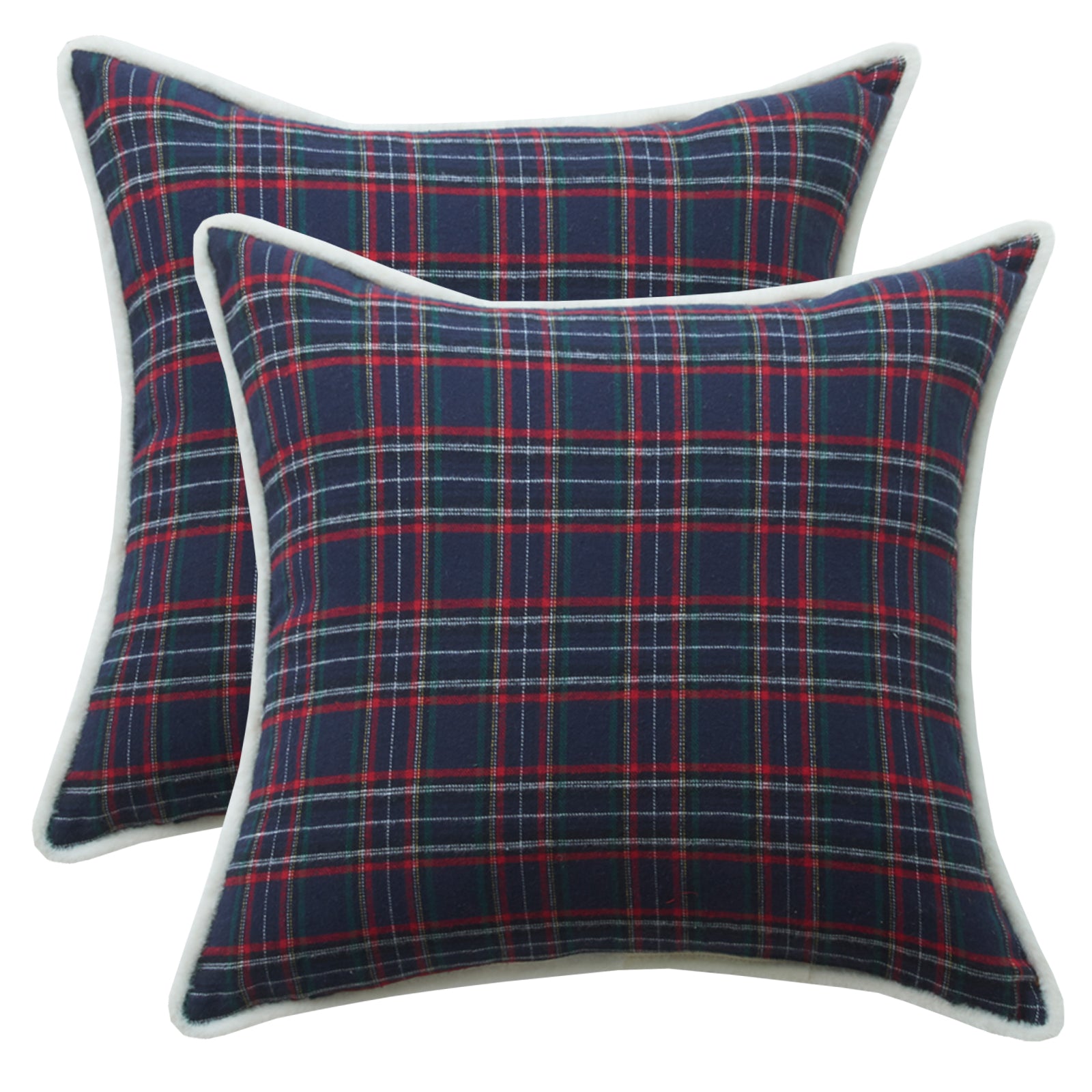 Navy and red tartan woven cotton-polyester blend square pillow cover with white trim