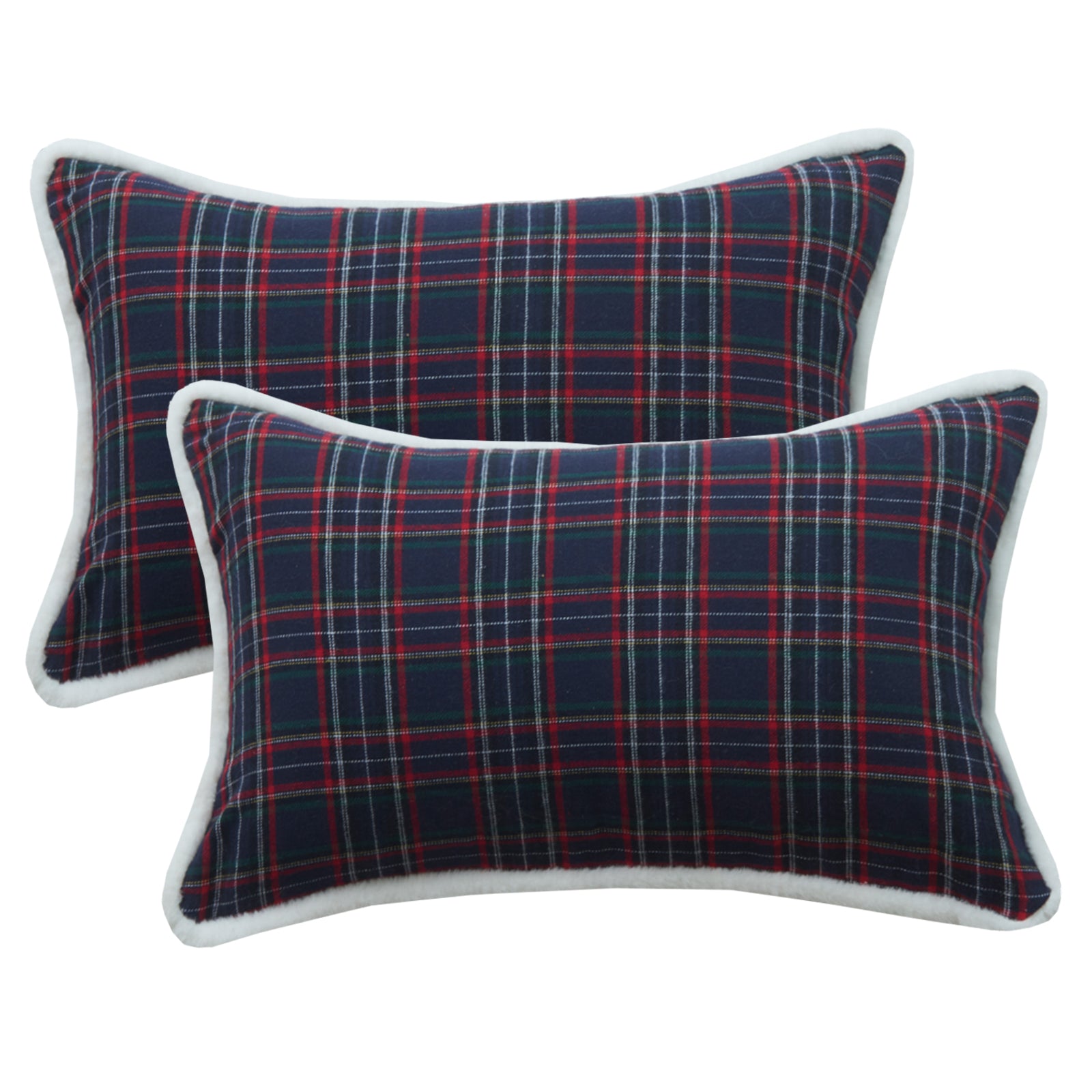 Navy and red tartan woven cotton-polyester blend lumbar pillow cover with white trim