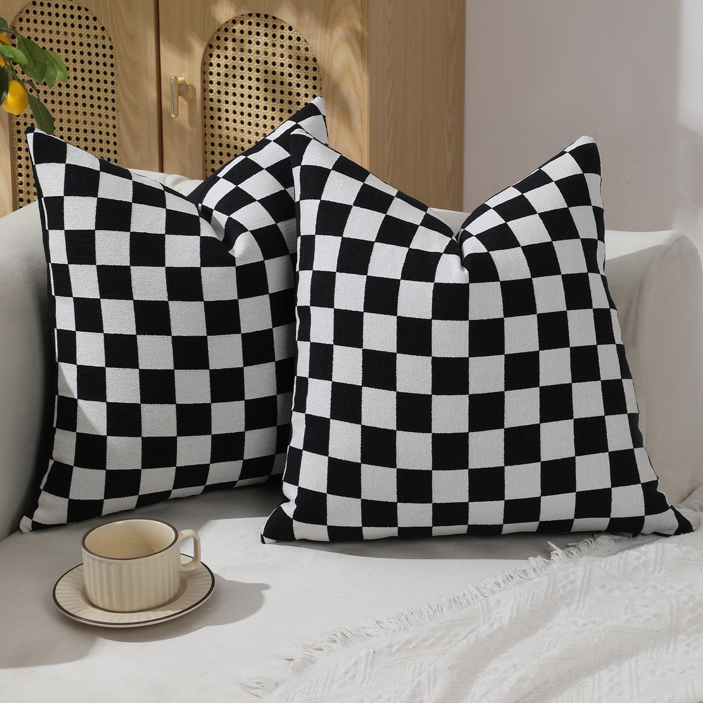 Checkerboard Throw Pillow Covers Set of 2 Chenille Geometric Decorative Cushion Covers