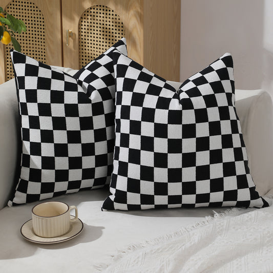 Checkerboard Throw Pillow Covers Set of 2 Chenille Geometric Decorative Cushion Covers