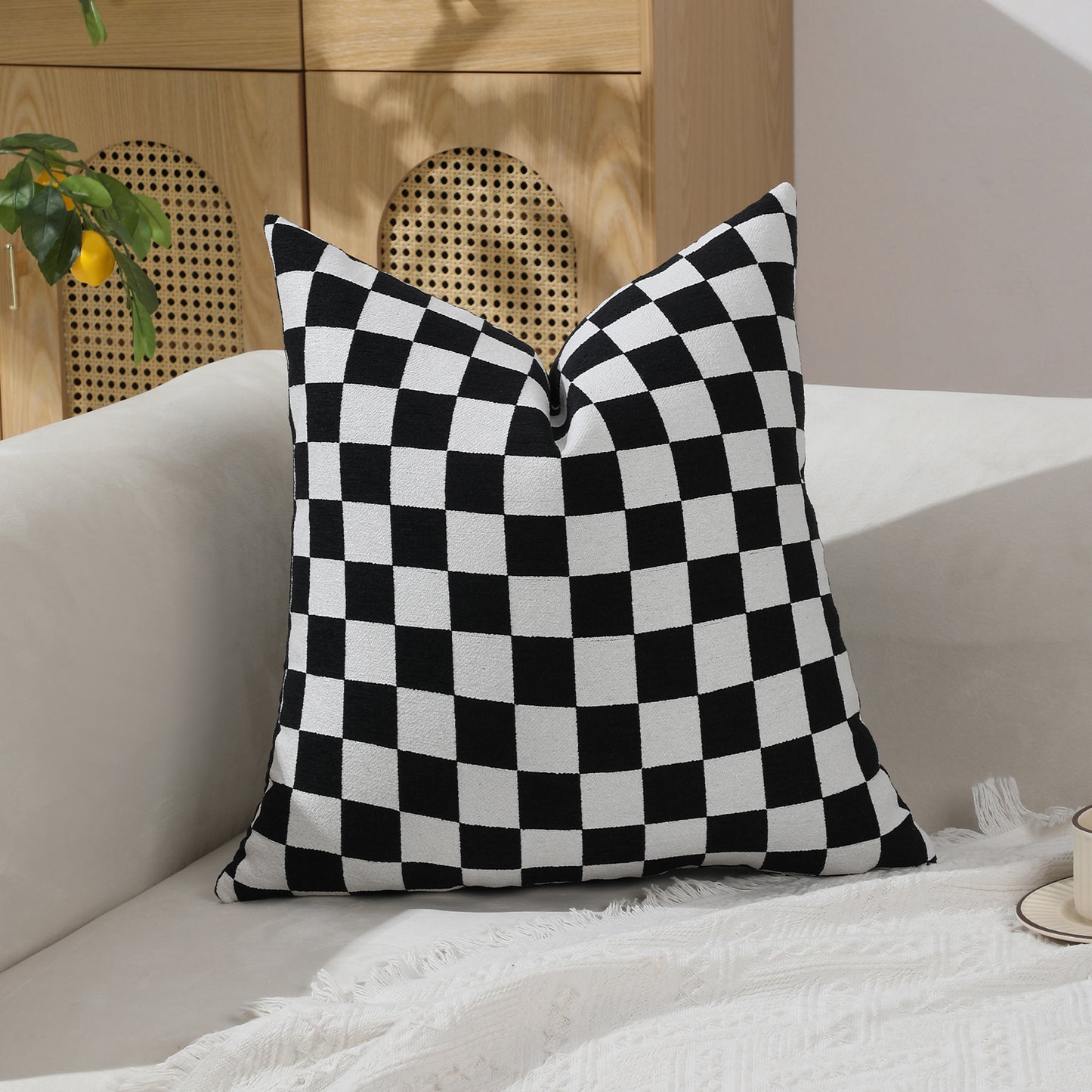 Checkerboard Throw Pillow Covers Set of 2 Chenille Geometric Decorative Cushion Covers