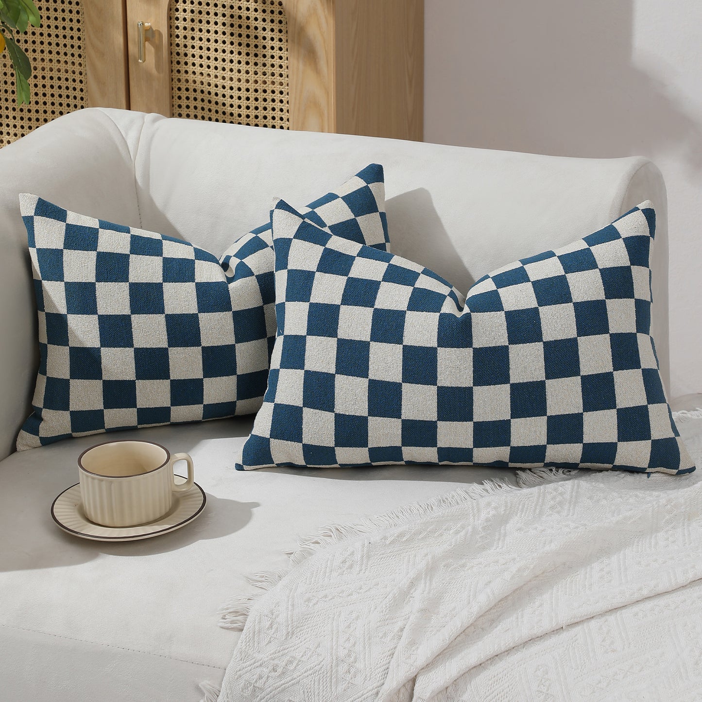 Checkerboard Throw Pillow Covers Set of 2 Chenille Geometric Decorative Cushion Covers