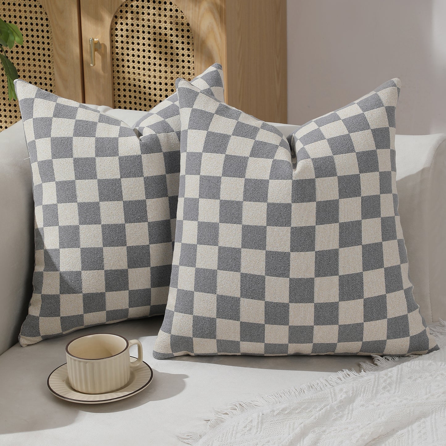 Checkerboard Throw Pillow Covers Set of 2 Chenille Geometric Decorative Cushion Covers