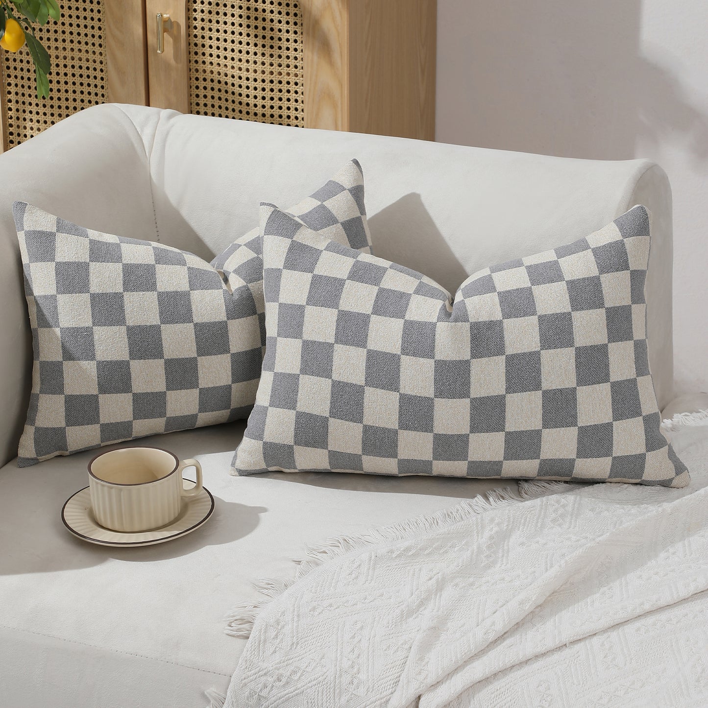 Checkerboard Throw Pillow Covers Set of 2 Chenille Geometric Decorative Cushion Covers
