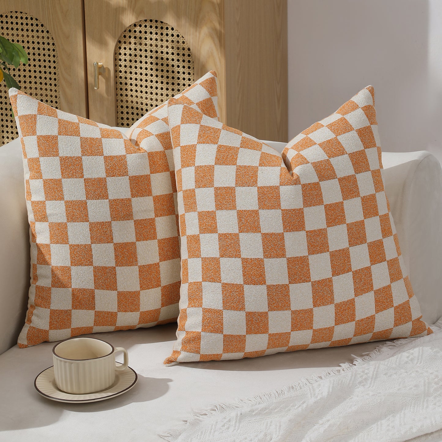 Checkerboard Throw Pillow Covers Set of 2 Chenille Geometric Decorative Cushion Covers