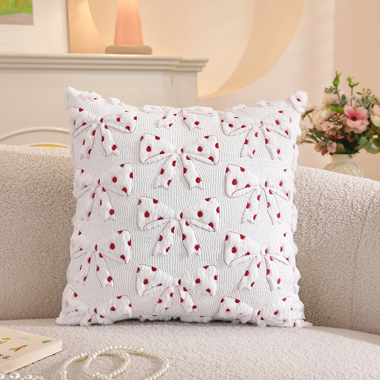 Bow and Heart Pillow Covers 18x18 inch Set of 2 Coquette Embroidered Decorative Cushion Covers for Valentines Decor