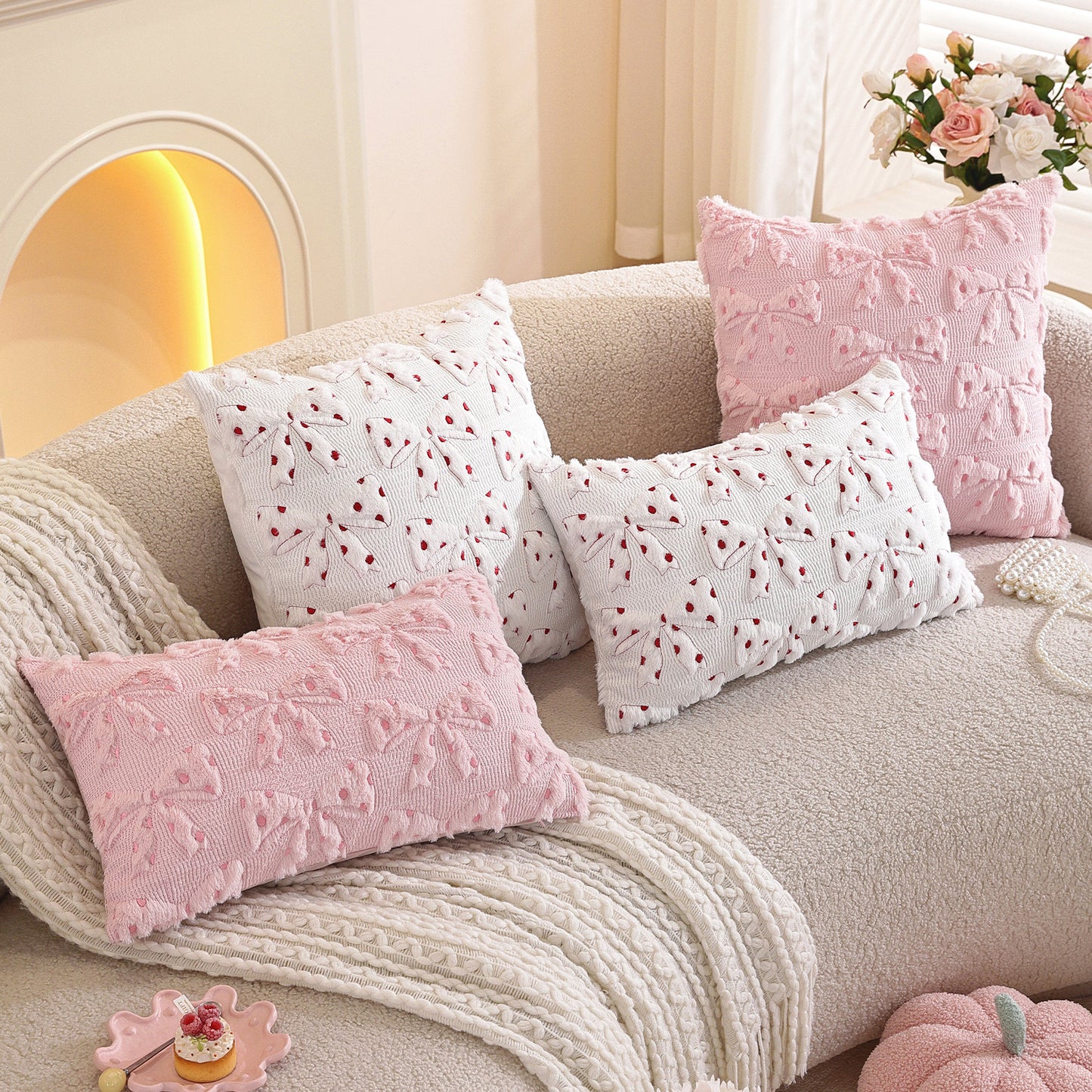 Bow and Heart Pillow Covers 18x18 inch Set of 2 Coquette Embroidered Decorative Cushion Covers for Valentines Decor