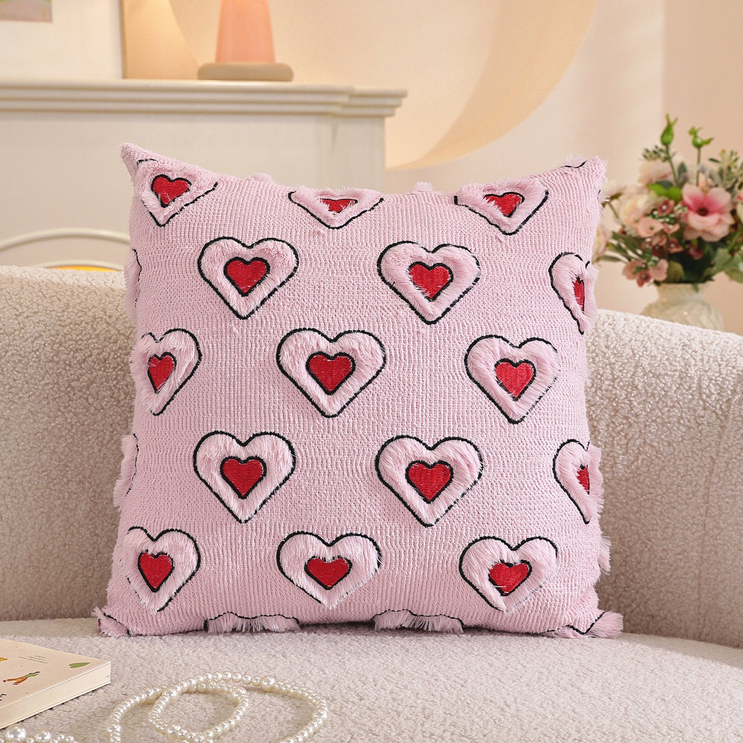 Bow and Heart Pillow Covers 18x18 inch Set of 2 Coquette Embroidered Decorative Cushion Covers for Valentines Decor