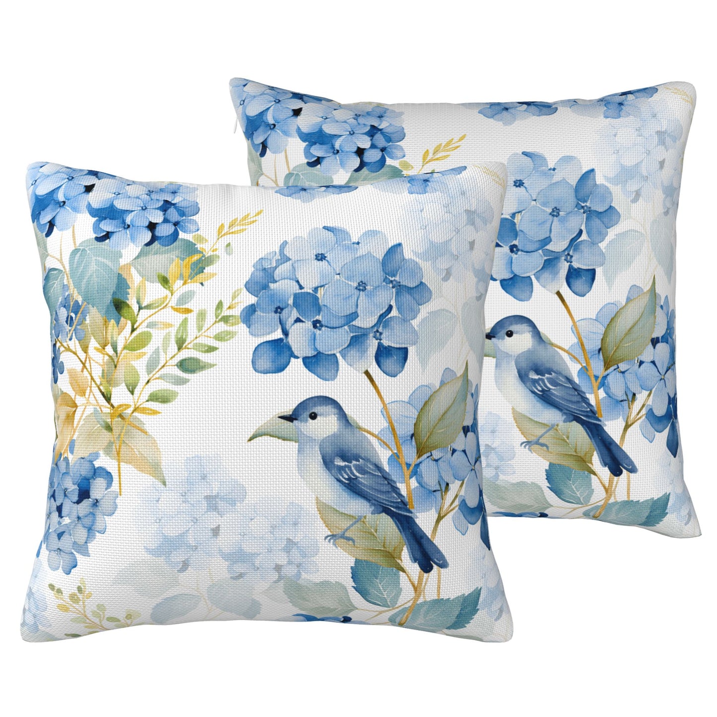 HOSTECCO Spring Outdoor Pillow Covers Set of 2, Blue Bird and Hydrangea Waterproof Throw Pillows, Floral Cushion Covers for Summer Patio Balcony Sofa