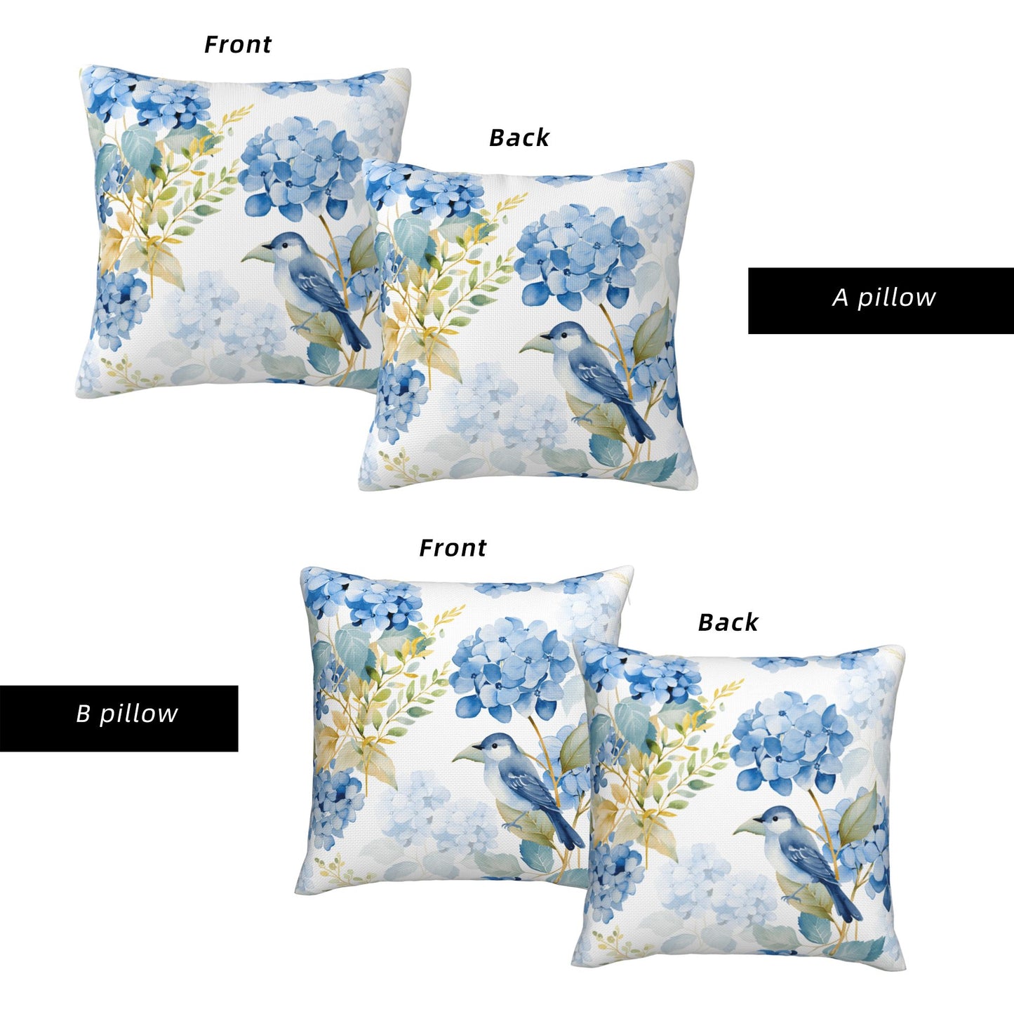 HOSTECCO Spring Outdoor Pillow Covers Set of 2, Blue Bird and Hydrangea Waterproof Throw Pillows, Floral Cushion Covers for Summer Patio Balcony Sofa